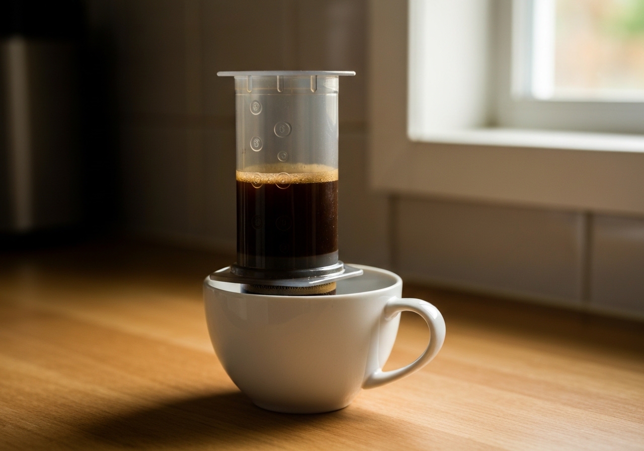 AeroPress coffee maker on a kitchen counter with freshly brewed coffee