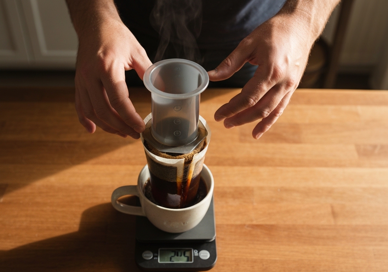 Close-up of coffee being brewed with careful attention to technique