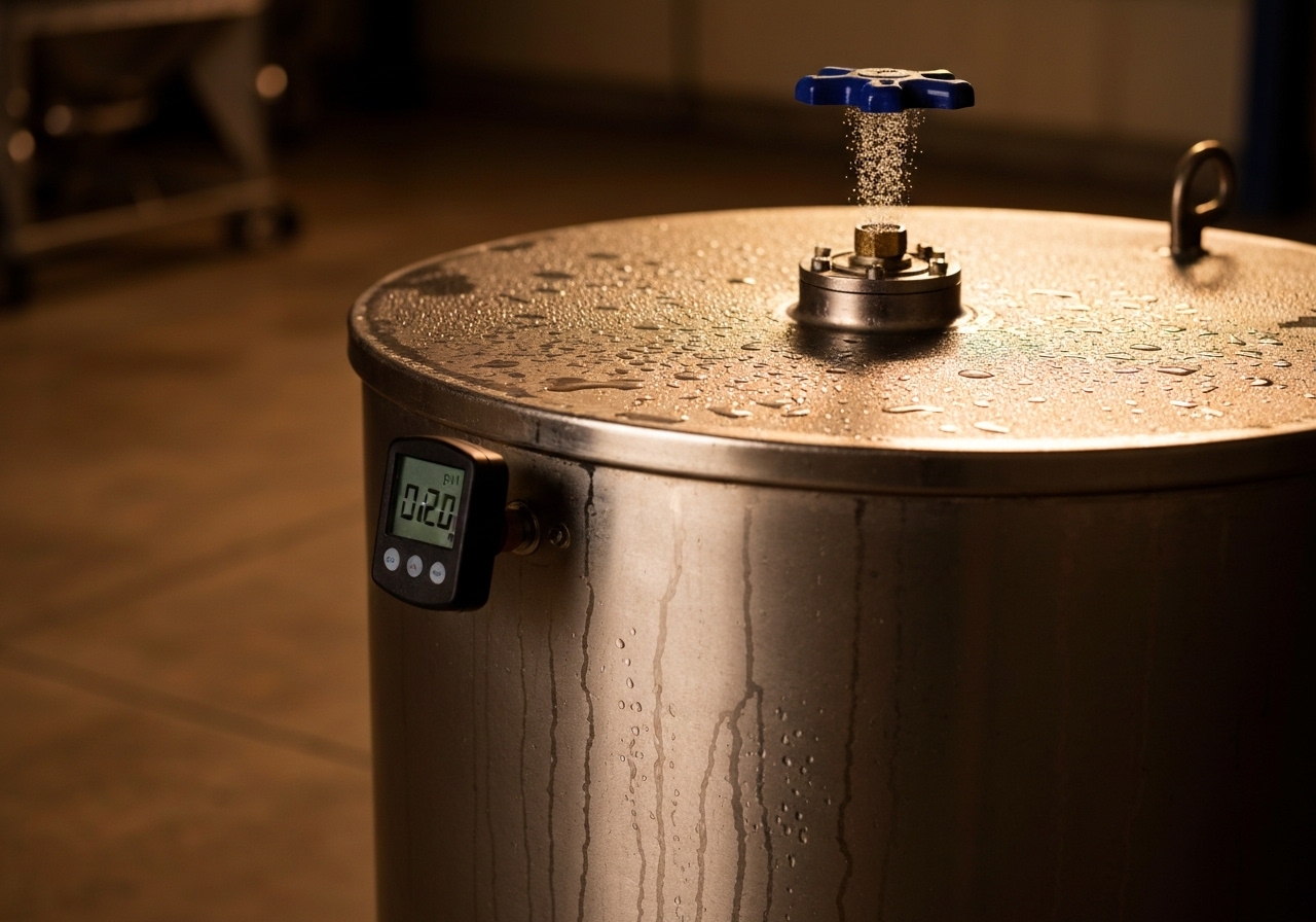 Sealed stainless steel fermentation tanks at a specialty coffee processing facility