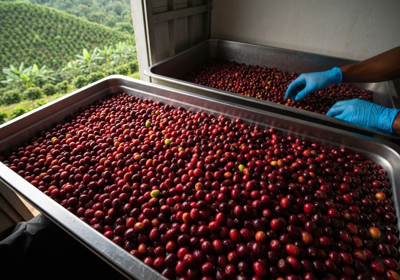 Close-up of coffee cherries ready for anaerobic processing