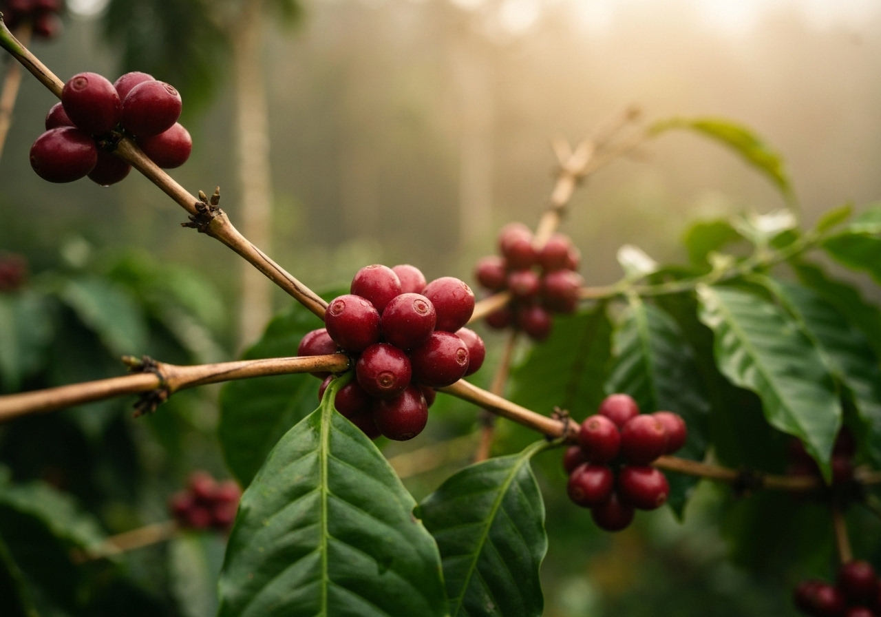 Ripe red coffee cherries clustered on a branch with green leaves