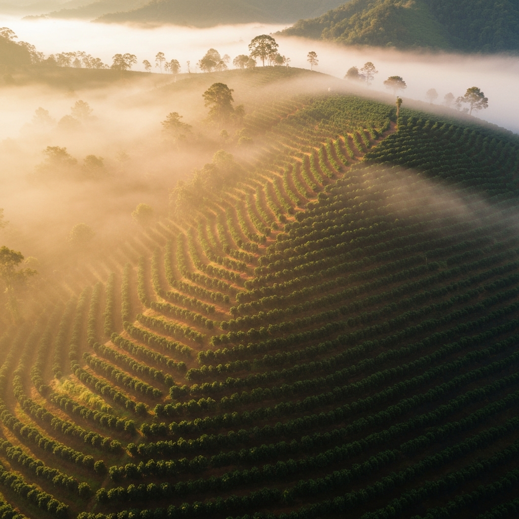 Lush green coffee farm on a misty hillside at high altitude