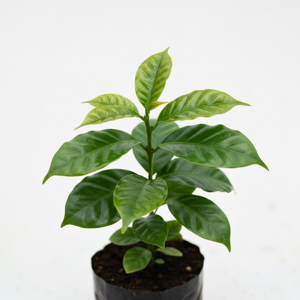 Young coffee plant with vibrant green leaves in a nursery setting