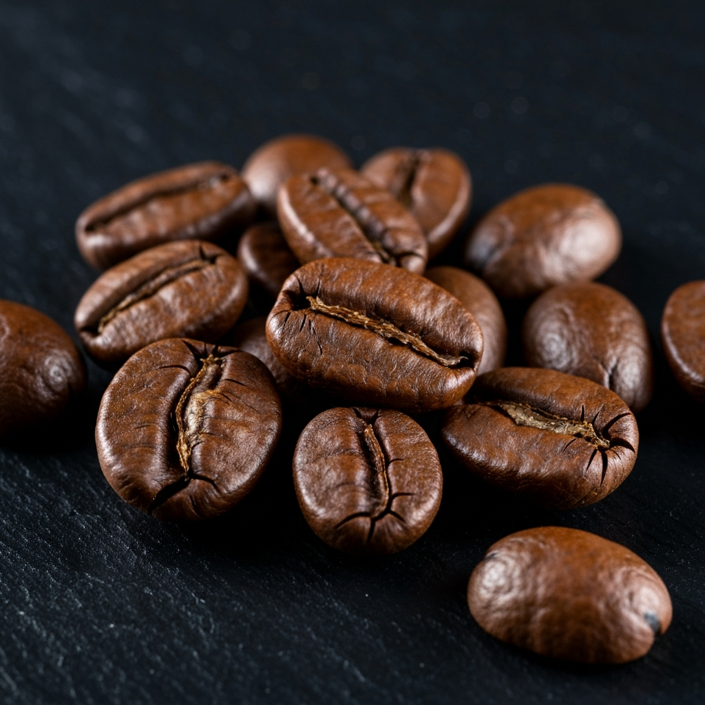Freshly roasted coffee beans with visible oils on the surface