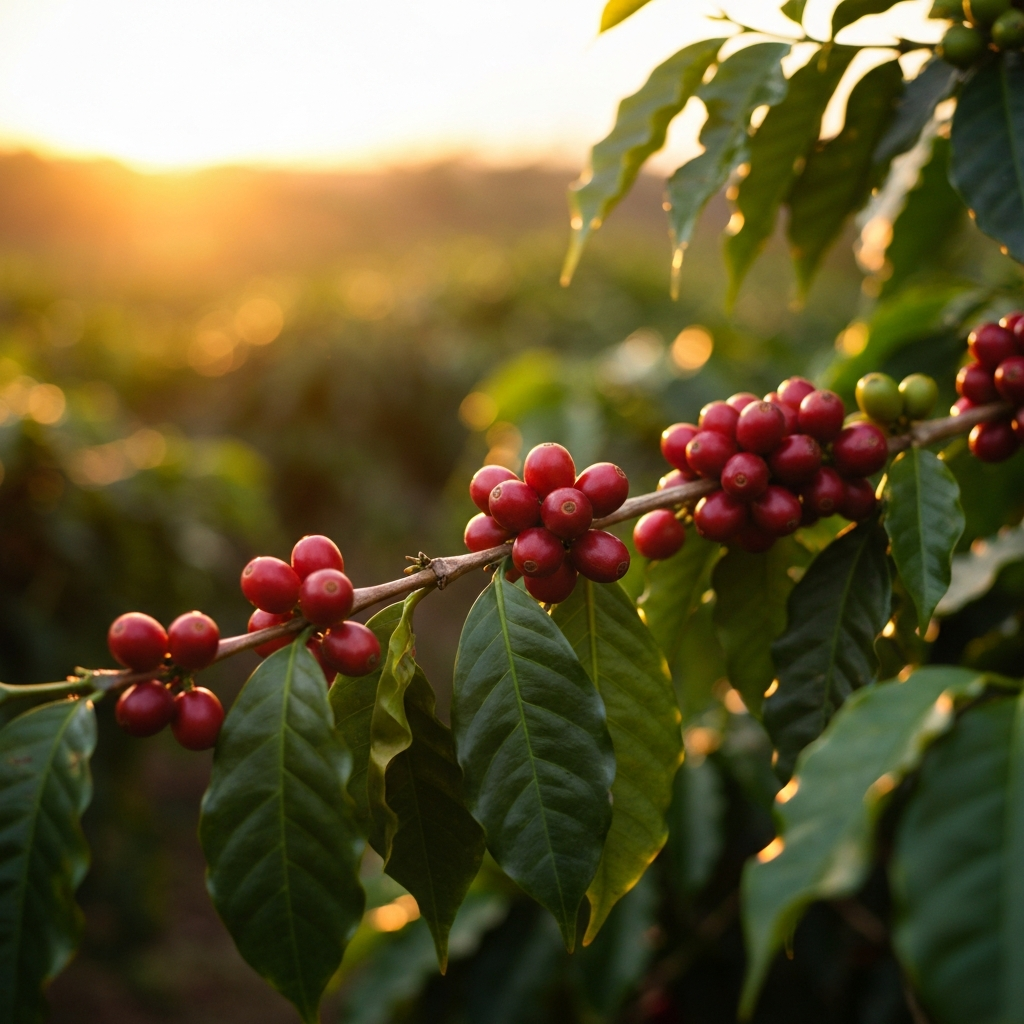 Coffee cherries ripening on a branch in warm light