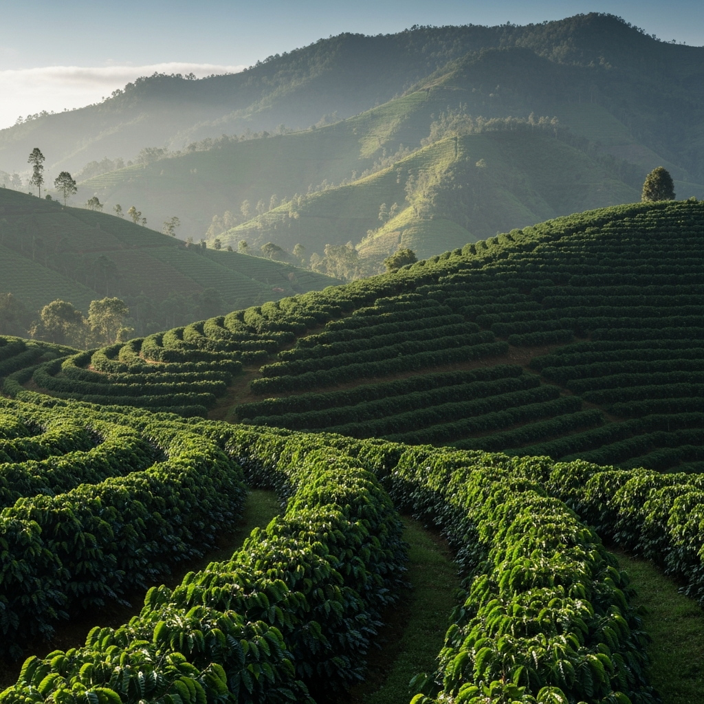 Coffee farm on a green hillside with terraced rows of coffee plants