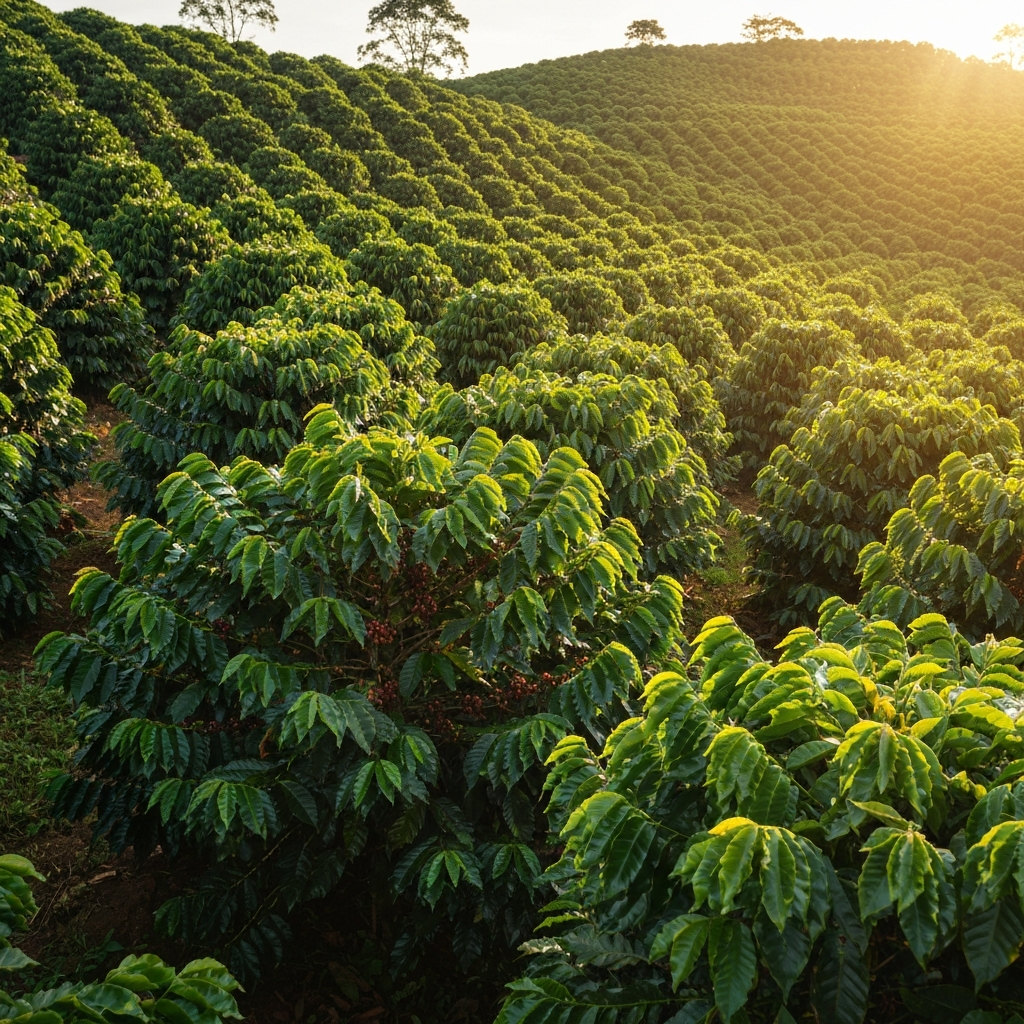 Coffee plants with dense foliage on a hillside farm