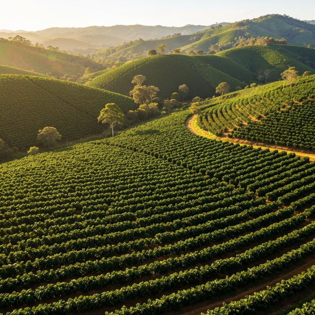 Vast coffee plantation stretching across green hills