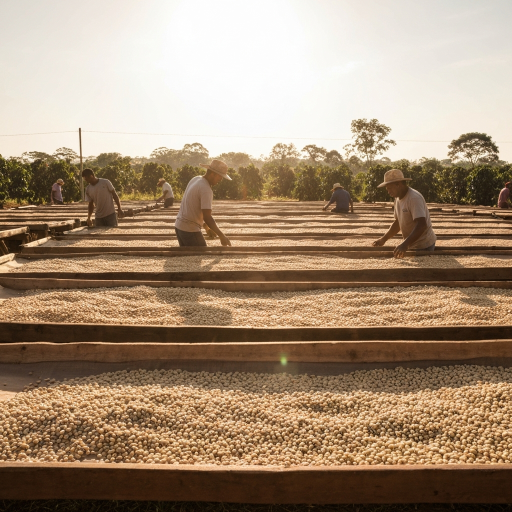Coffee beans being processed and roasted
