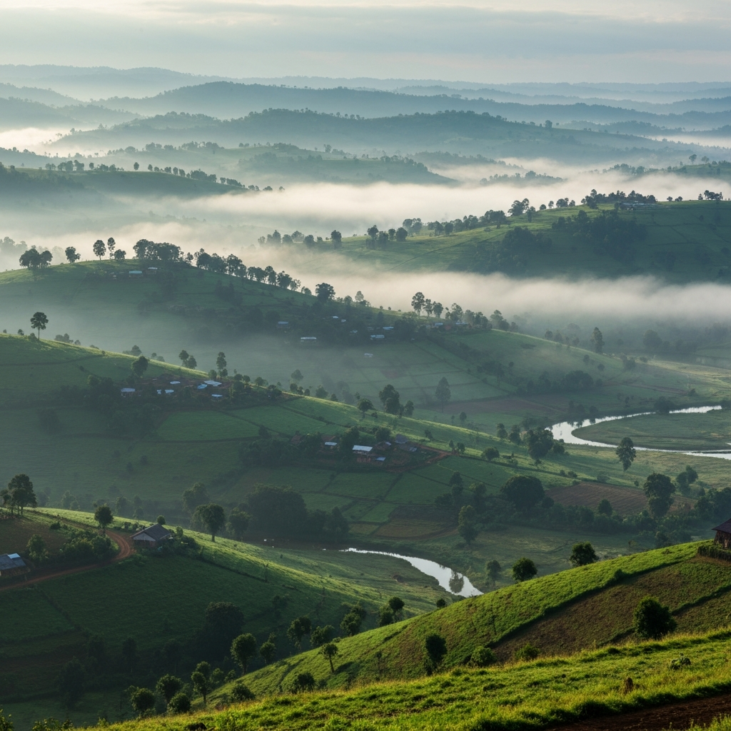 Misty highland landscape with lush green hills