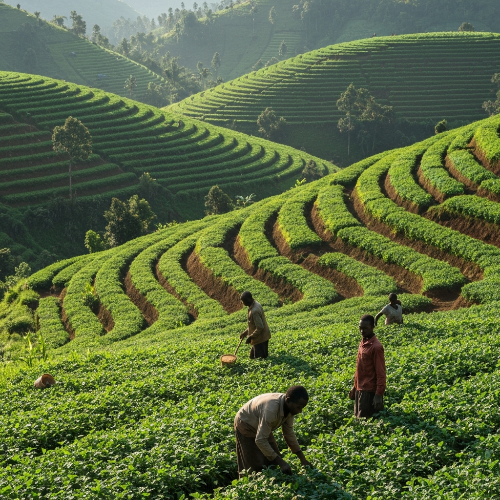 Lush green agricultural hillsides in a tropical highland