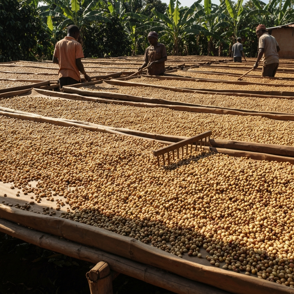 Coffee beans drying on raised beds under the sun