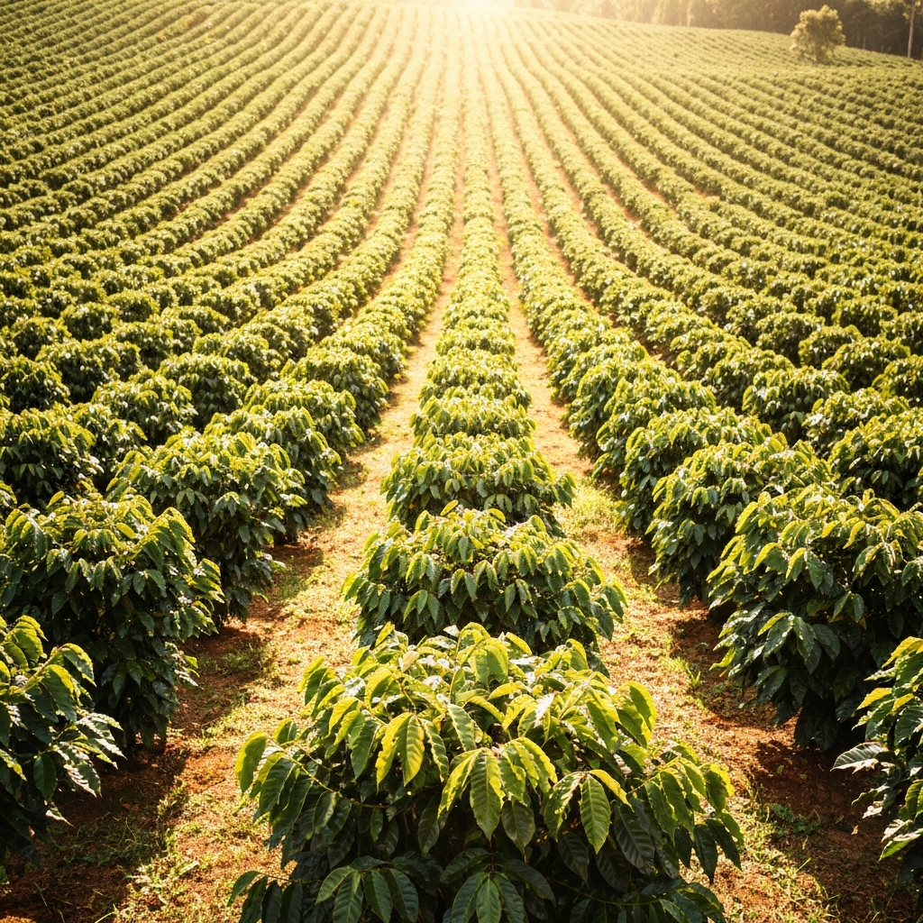 Rows of compact coffee plants on a Brazilian hillside under bright sunlight