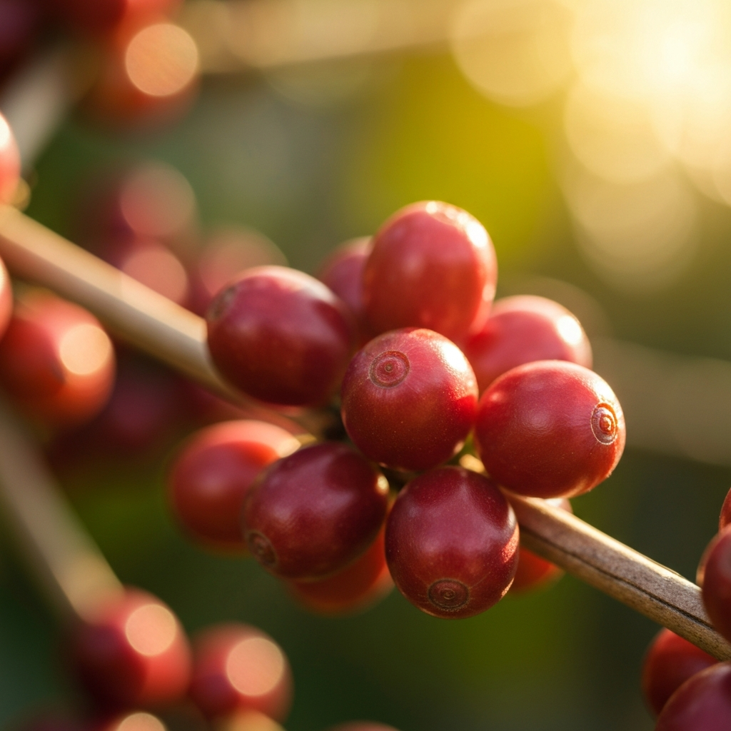 Ripe red coffee cherries on the branch in warm sunlight