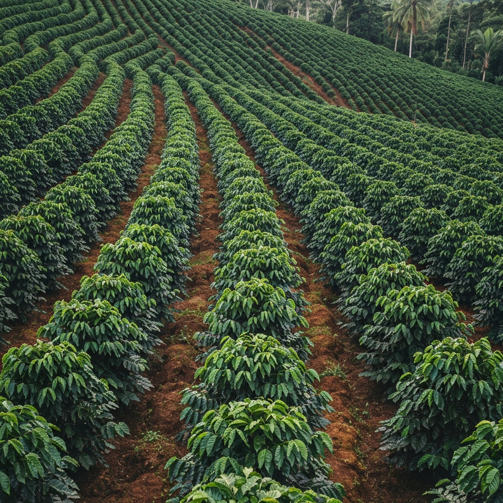 Dense coffee plants growing in lush green rows on a hillside