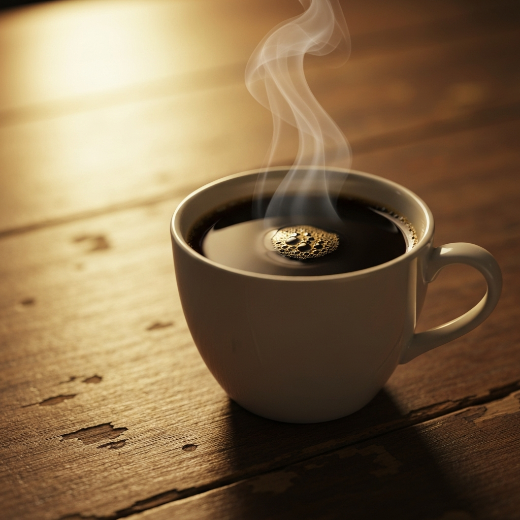 A freshly brewed cup of coffee on a wooden surface with warm lighting