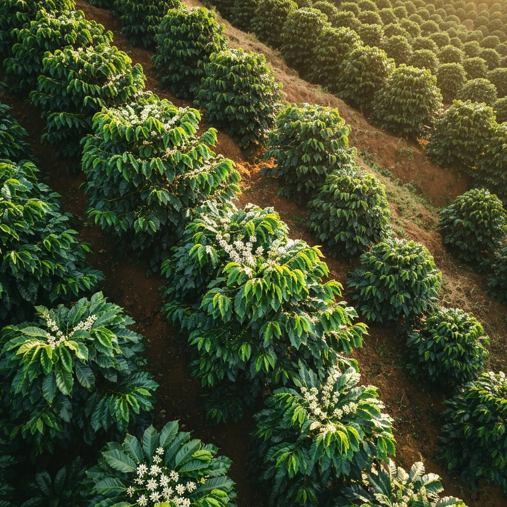 Lush green coffee plants growing on a hillside in Latin America