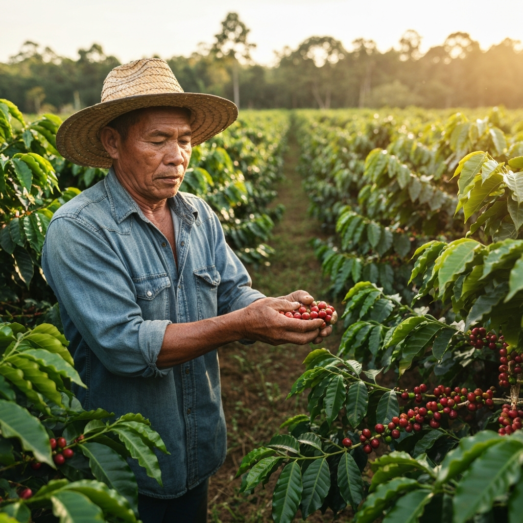 A farmer harvesting ripe coffee cherries by hand