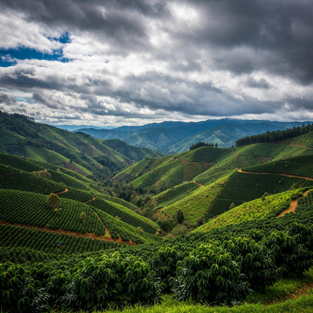 Mountainous coffee-growing region with rolling green hills