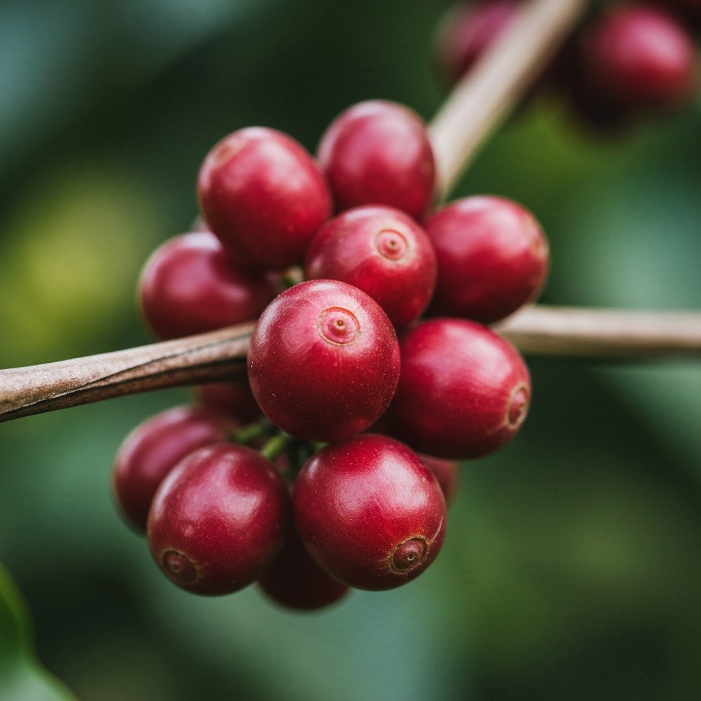 Ripe red coffee cherries clustered on a branch