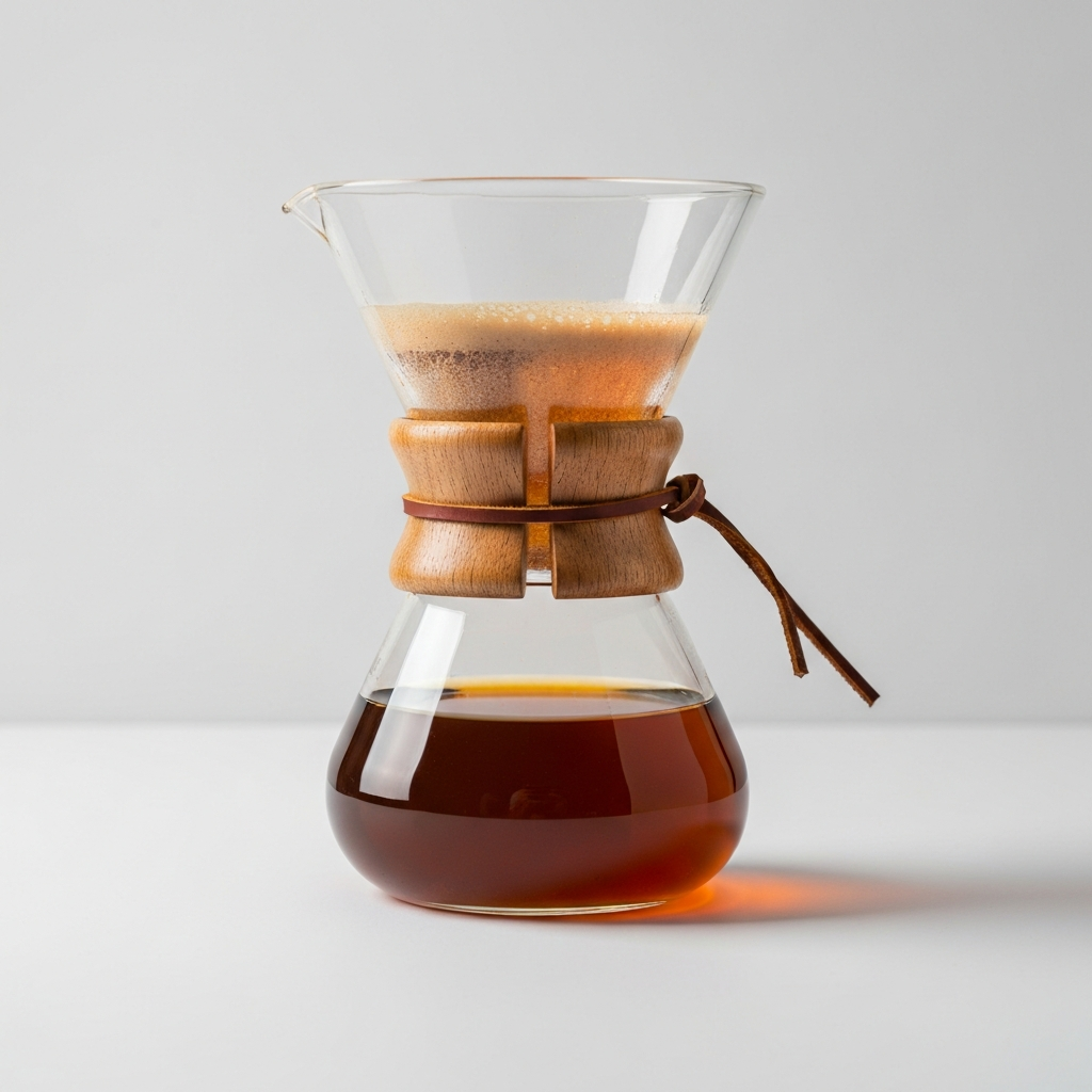 A Chemex brewer with its signature wood collar and leather tie, filled with freshly brewed coffee