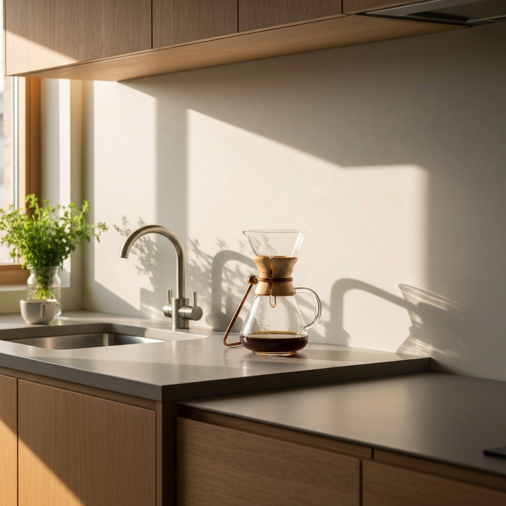 Morning light illuminating a Chemex brewer on a minimalist kitchen counter