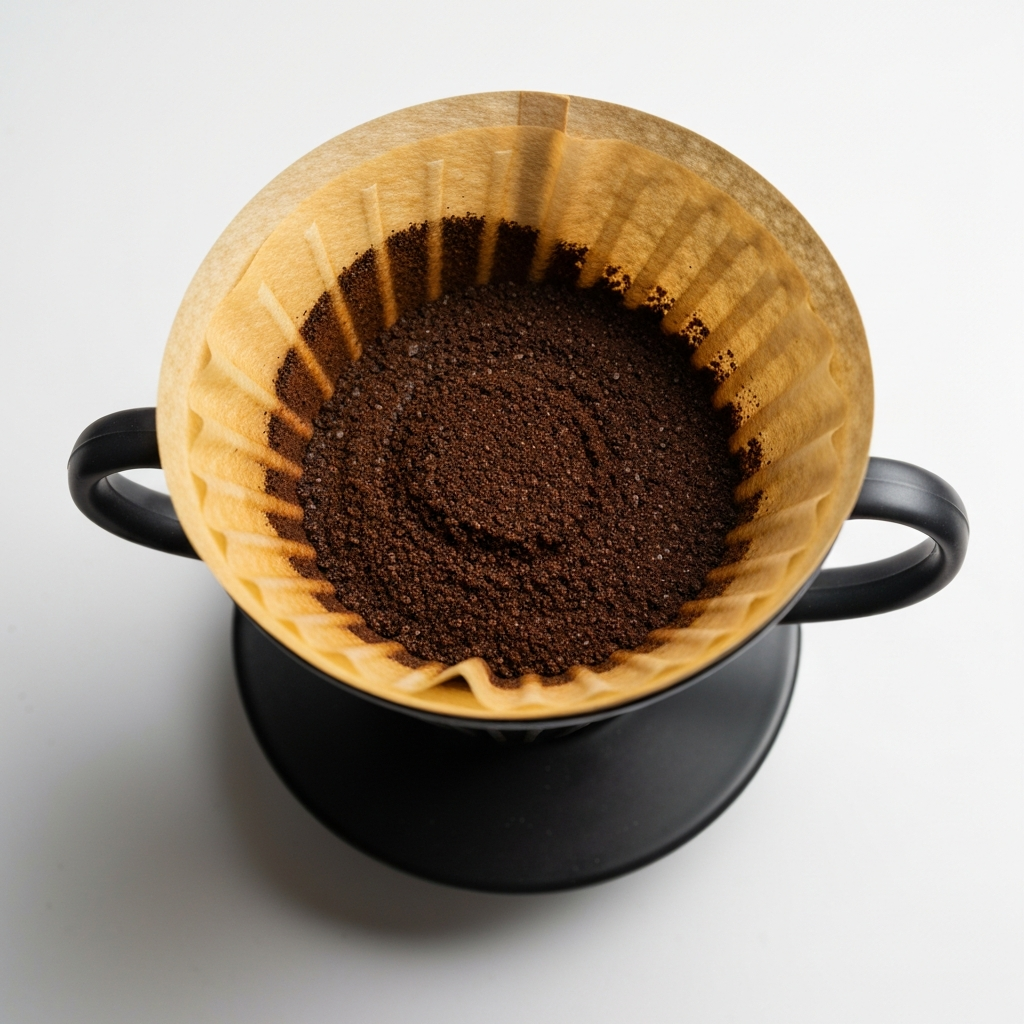 Close-up of a pour-over filter and dripper with fresh coffee grounds