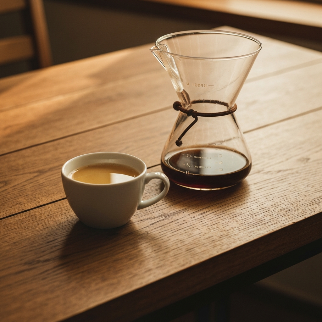A cup of light, golden coffee next to a Chemex on a wooden table