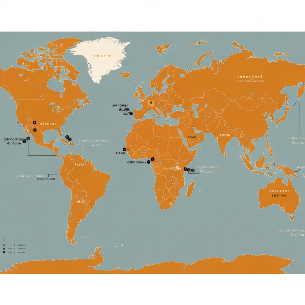 World map with tropical regions highlighted