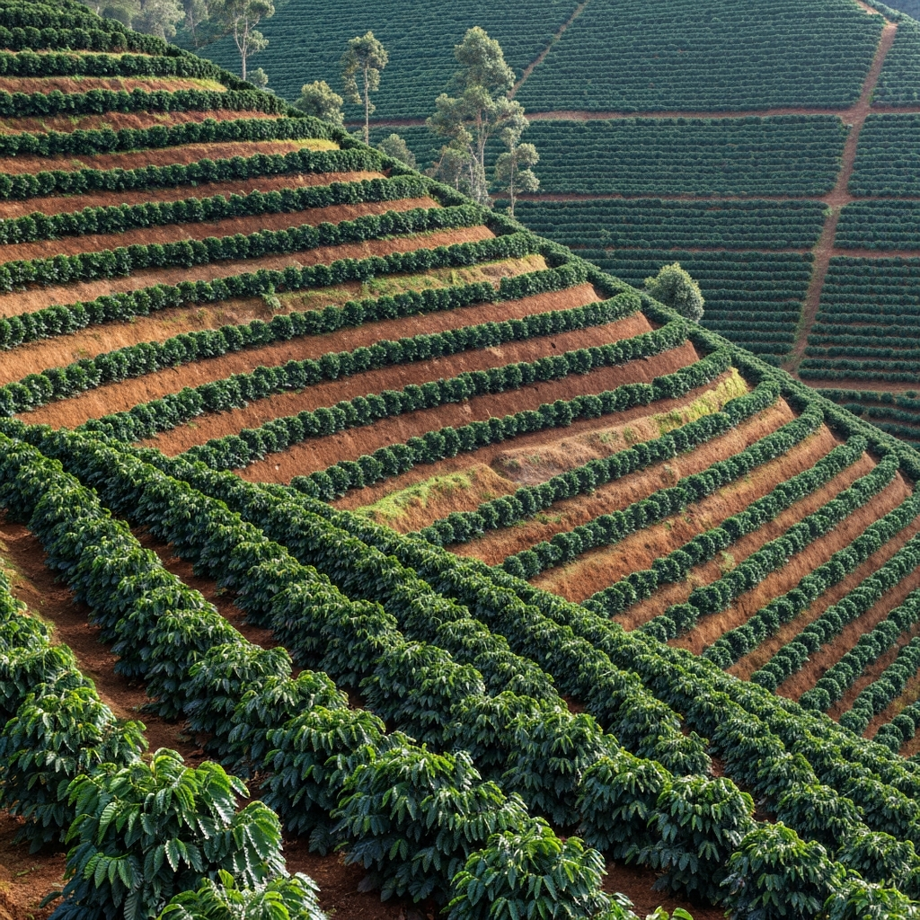 Coffee plantation on a steep hillside with rows of coffee plants