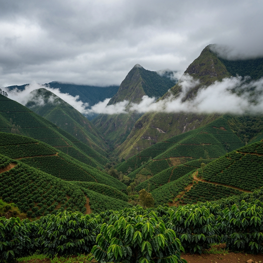 Dramatic landscape with clouds over green mountains