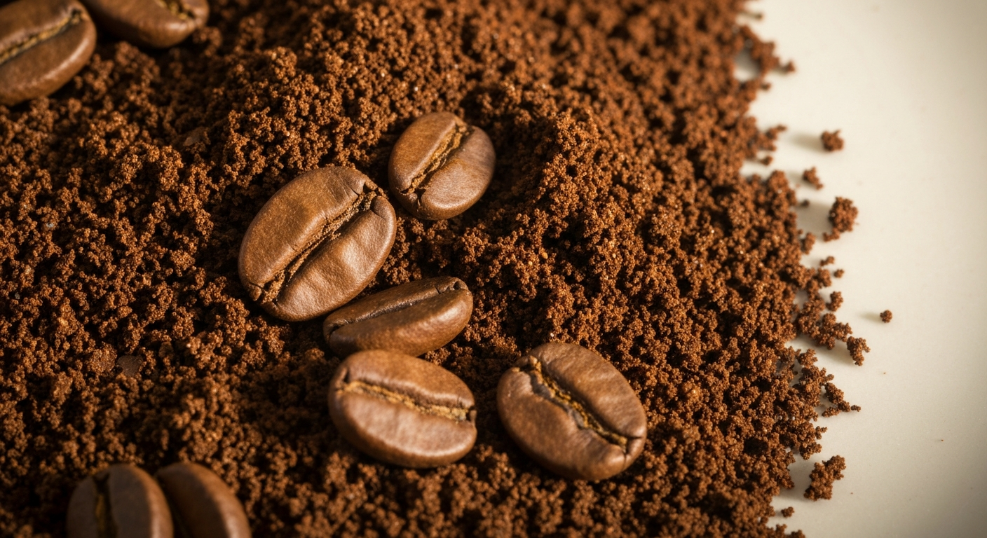 Ground coffee particles under closeup, showing irregular surfaces and edges