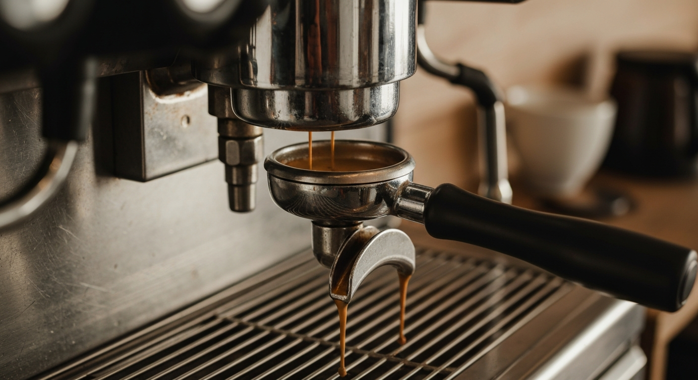 Espresso machine portafilter with fresh espresso flowing, crema visible