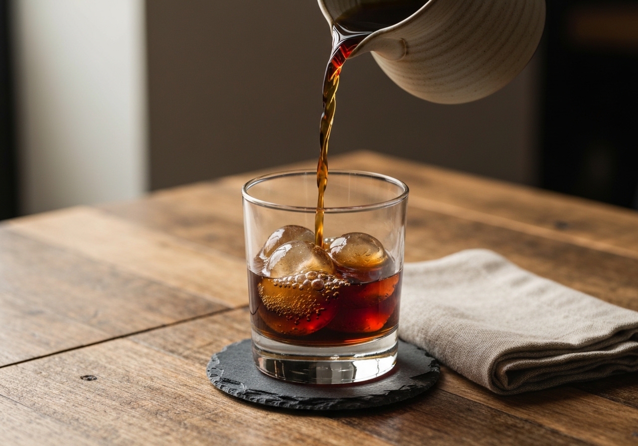 Cold brew coffee being poured over ice into a glass
