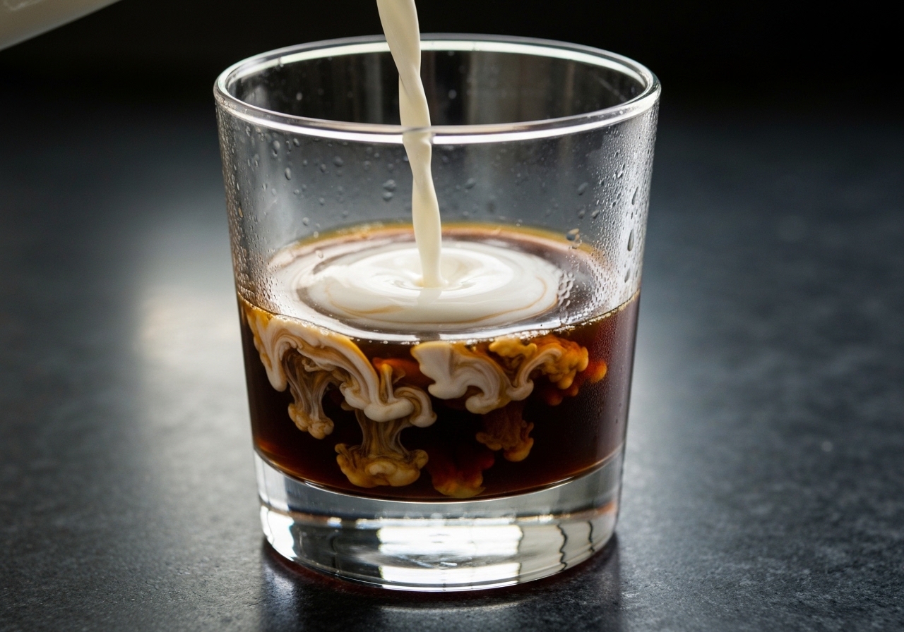 Glass of cold brew coffee with milk swirling through it