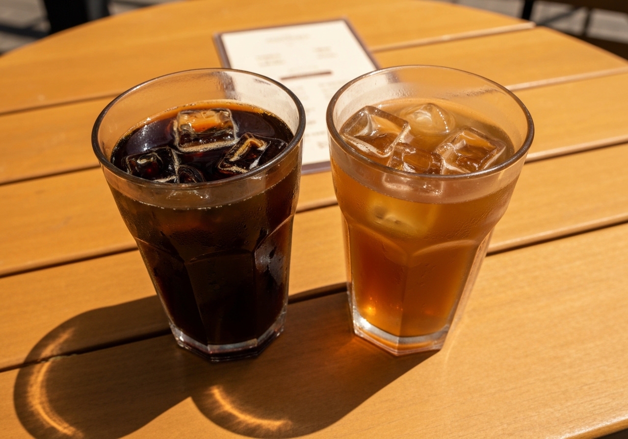 Two glasses of iced coffee drinks side by side on a sunny table