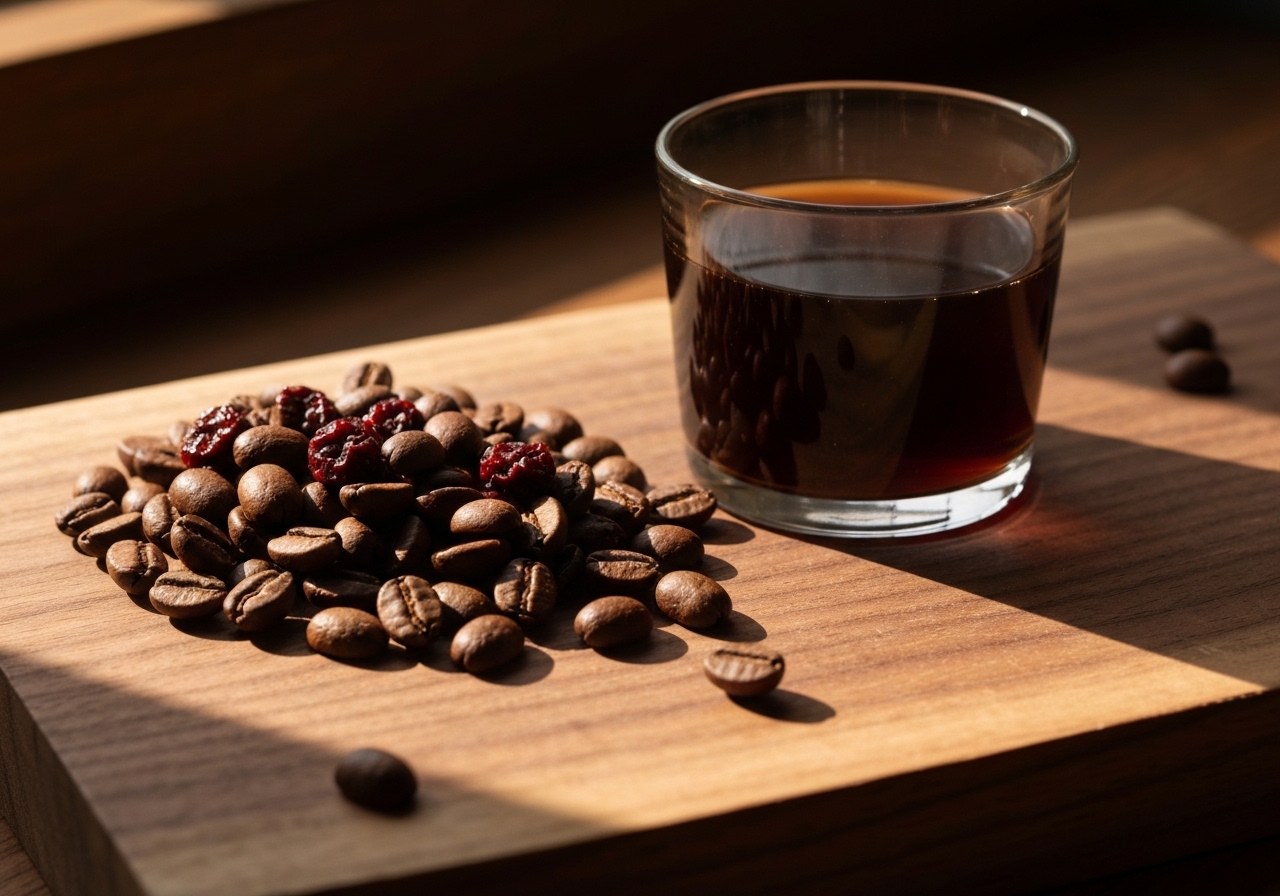Coffee beans and a glass of cold brew on a wooden surface