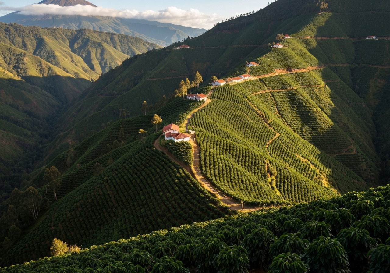 Colombian Andes mountains with lush green coffee-growing valleys