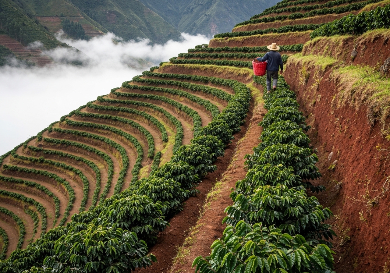 South American mountain landscape with terraced hillsides