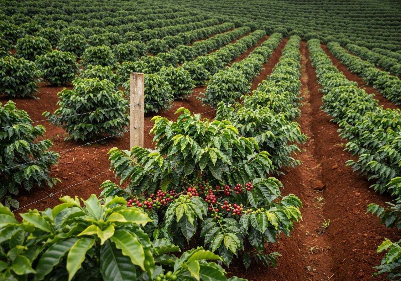 Coffee farm with rows of coffee plants on a hillside