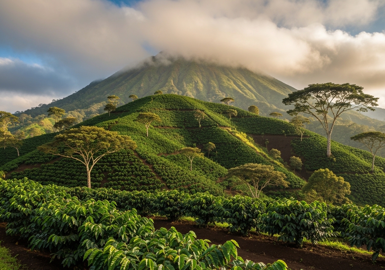 Lush green mountainside in Costa Rica with volcanic terrain ideal for coffee cultivation