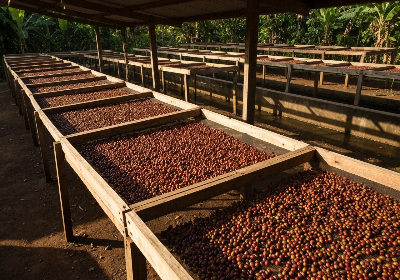 Coffee cherries drying on raised beds at a small processing station