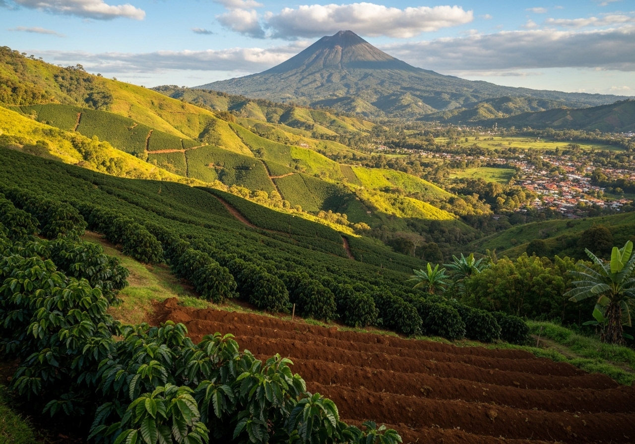 Tropical volcanic landscape with rich green vegetation under partly cloudy skies