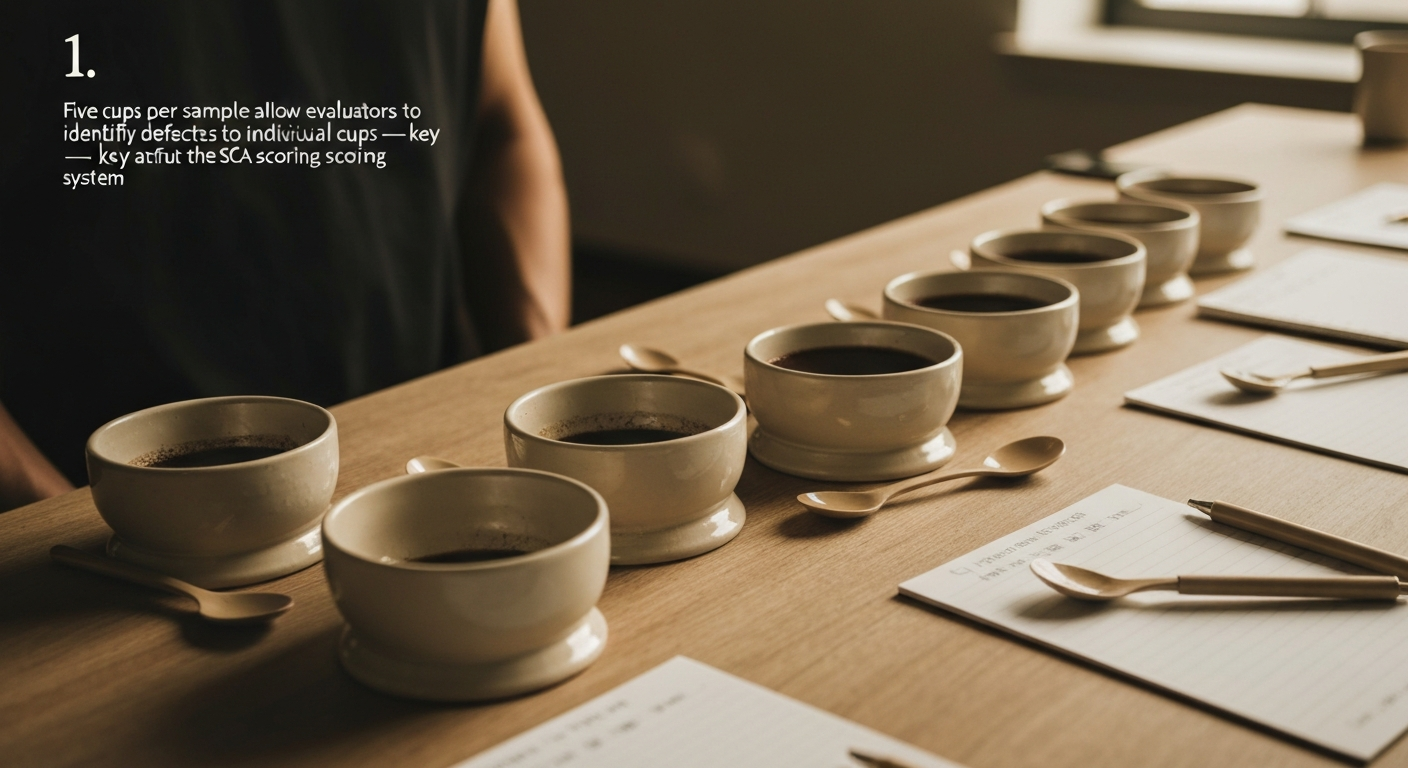 Multiple cupping bowls arranged on a cupping table with spoons and notepads