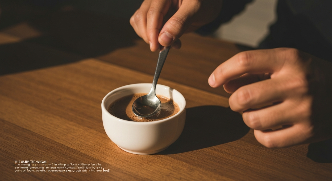 Coffee cupping bowl with a spoon showing the tasting technique
