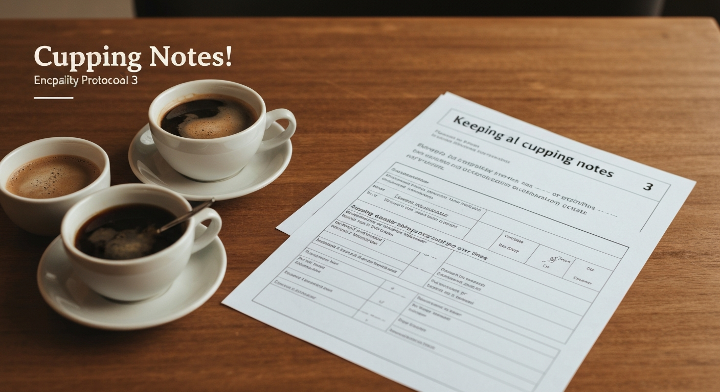 Cupping notes and score sheets next to coffee cups on a wooden table
