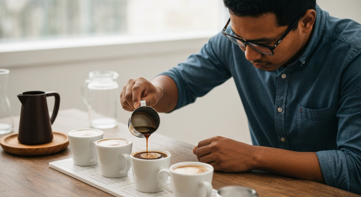 A cupping table with multiple cups of coffee arranged for evaluation
