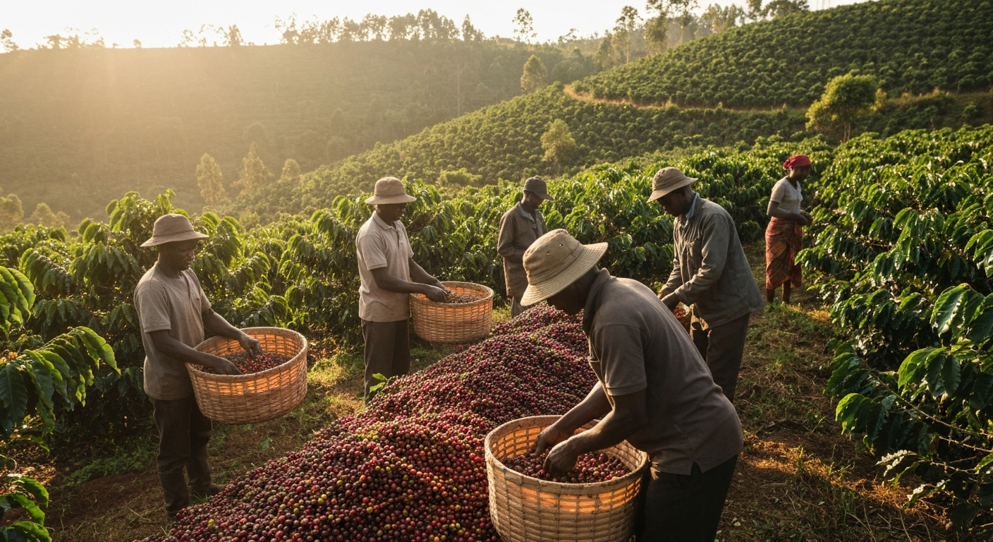 Sunrise over green agricultural hills