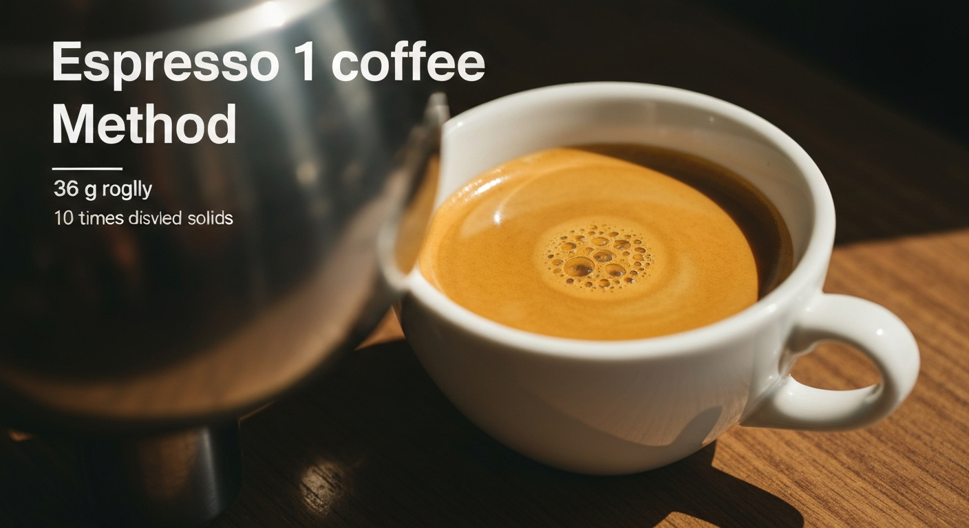 A double shot of espresso in a white cup with golden crema on top