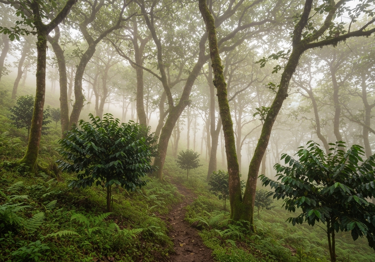 Lush green Ethiopian highlands with morning mist